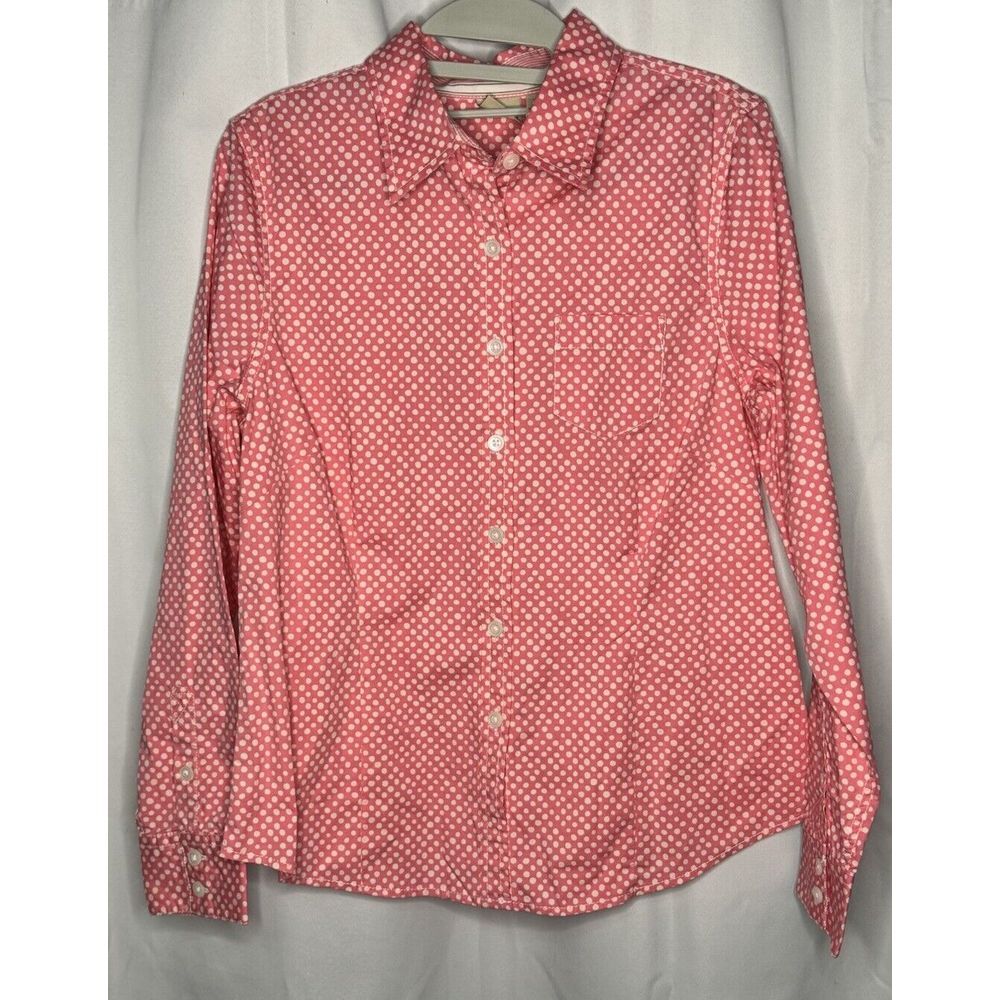 LL Bean Women's Polka Dot Collar Long Sleeve Button Down Barbie Pink Medium